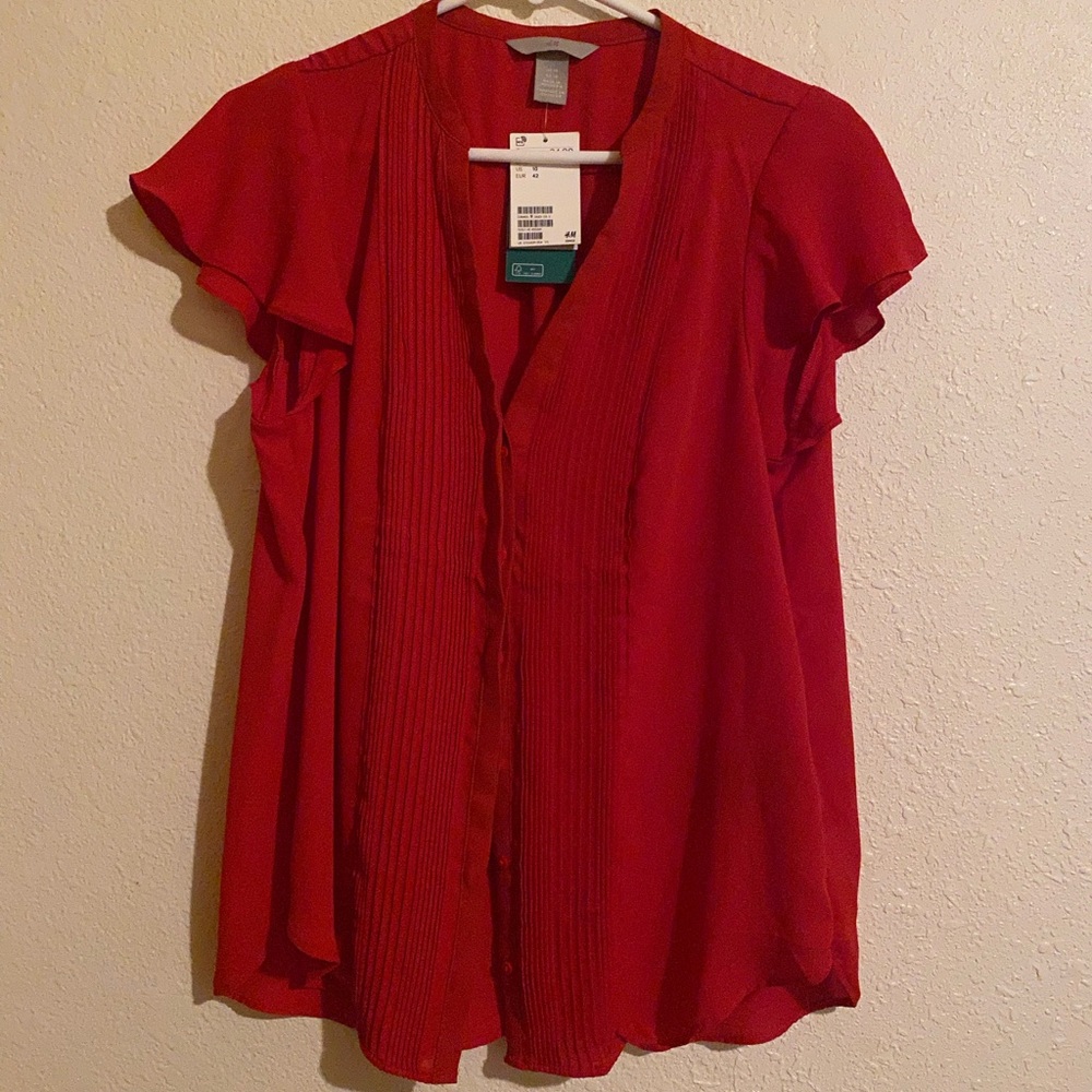 H&M Red Ruffled Sleeve Pintuck Blouse